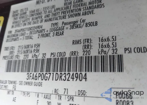 2013 Ford Fusion S z USA, uszkodzony, nr VIN 3FA6P0G71DR324904